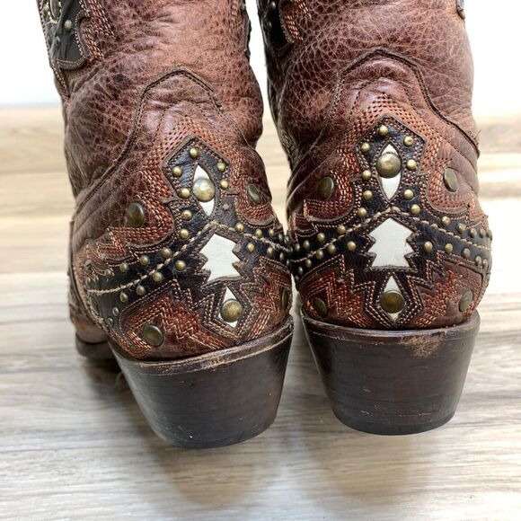 Corral G1042 Womens Studded Inlay 7M Brown Leather Inlay Snip Toe Western Boot - Picture 9 of 16